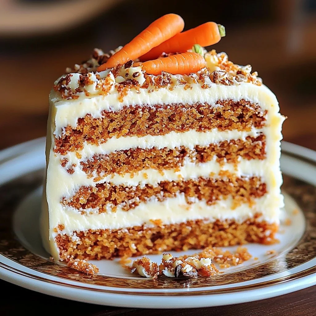Delicious homemade carrot cake with cream cheese frosting on a rustic table.