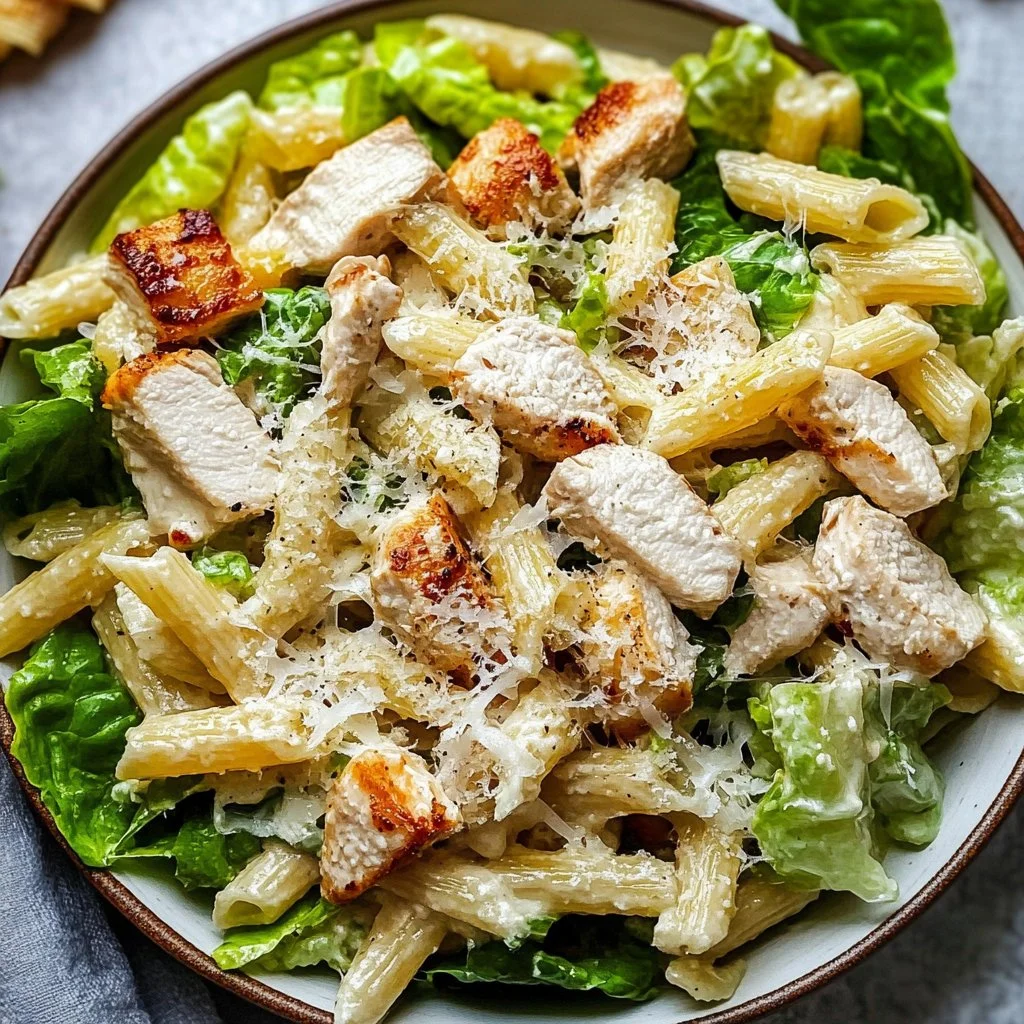A bowl of Chicken Caesar Pasta Salad topped with parmesan and croutons.