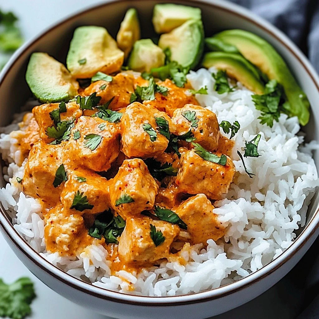 Coconut Chicken Rice Bowl topped with fresh herbs and lime on a wooden table.