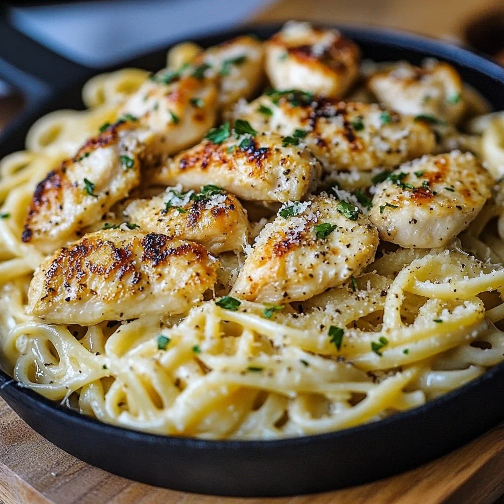 Creamy garlic parmesan chicken pasta served in a bowl