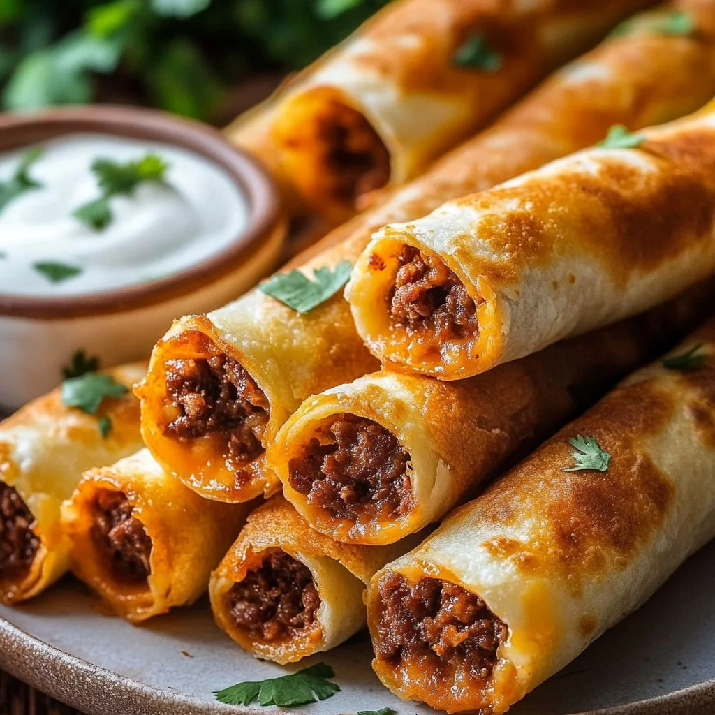 Crispy cheesy beef taquitos served with salsa and guacamole