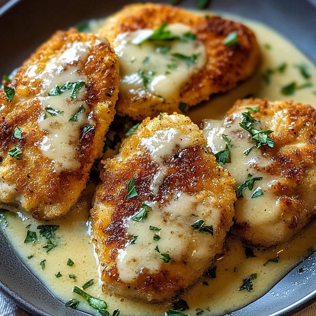 Plate of crispy chicken served with creamy garlic sauce garnished with herbs.