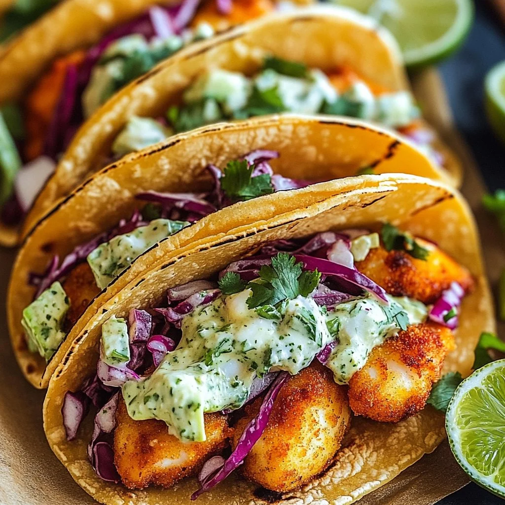 Crispy fish tacos topped with cilantro lime slaw served on a plate