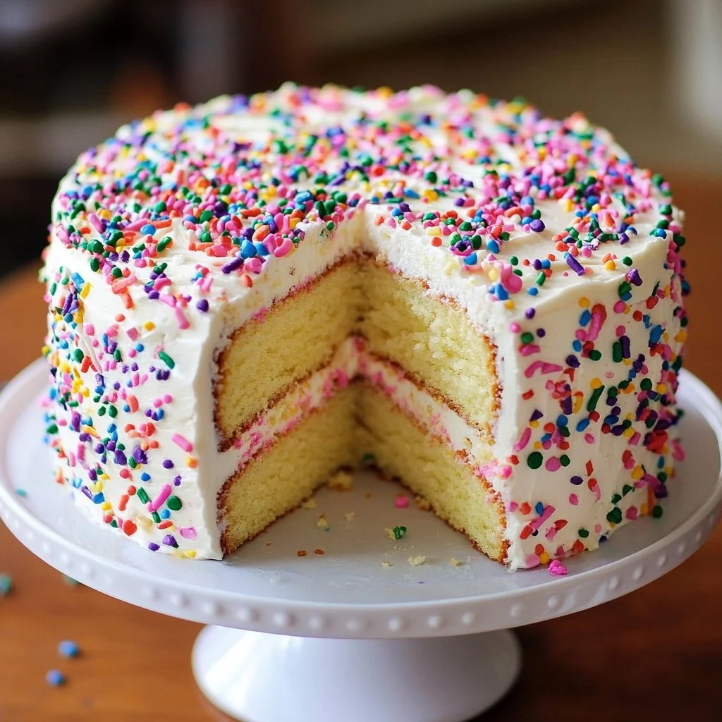 Delicious Funfetti Cake topped with colorful sprinkles and frosting