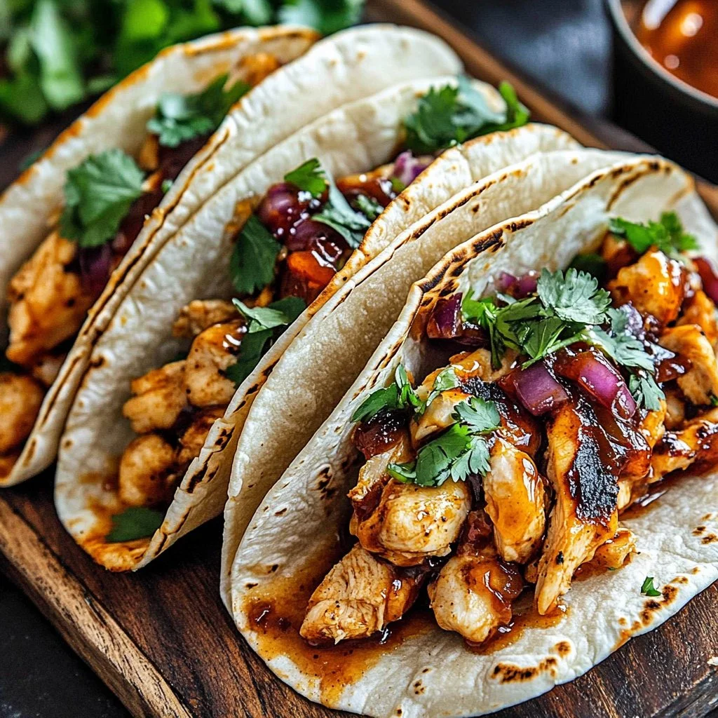 Delicious garlic butter honey BBQ chicken tacos garnished with fresh ingredients