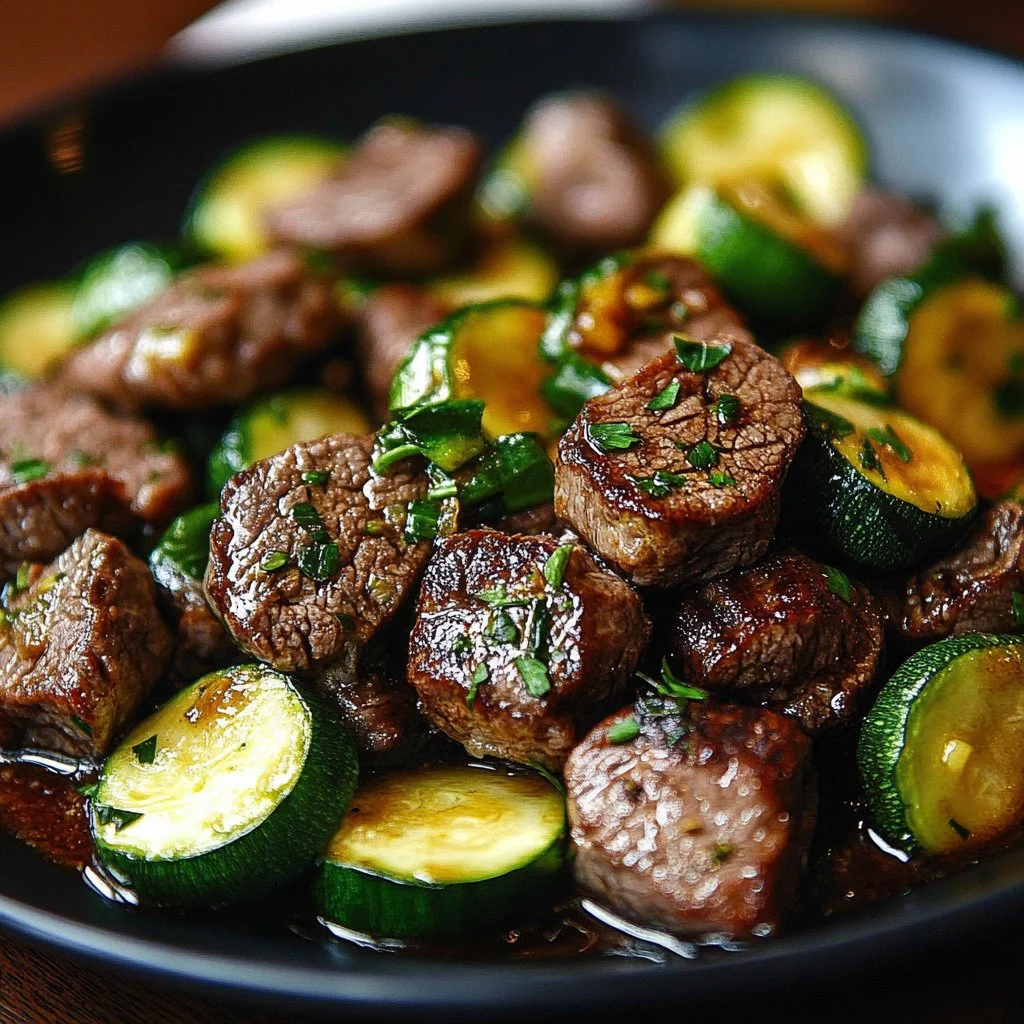 Delicious garlic butter steak bites served with zucchini on a plate