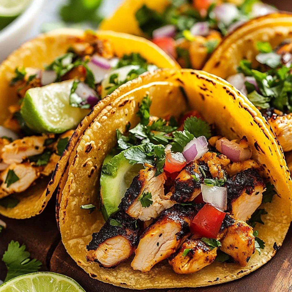 Delicious grilled chicken street tacos garnished with fresh toppings.