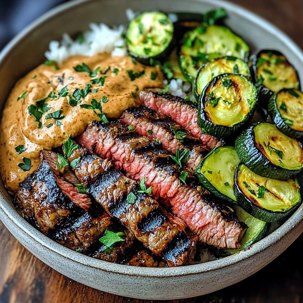 Grilled Steak Bowl with Sauce and Grilled Zucchini Bliss