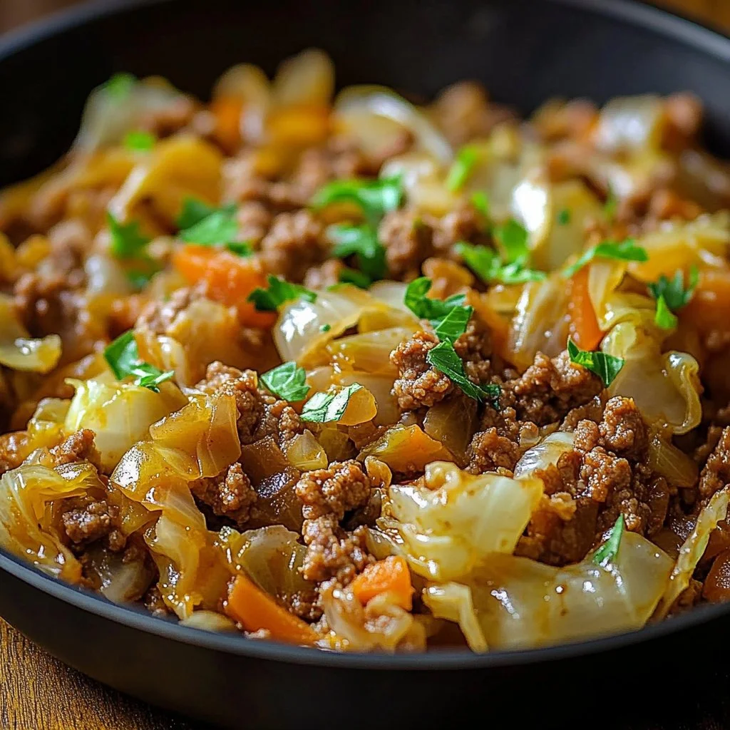 Delicious ground beef and cabbage skillet dish served in a pan.