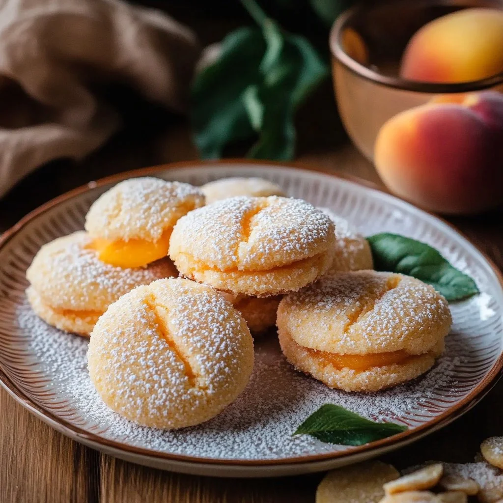 Italian Peach Cookies freshly baked and decorated with peach cream filling