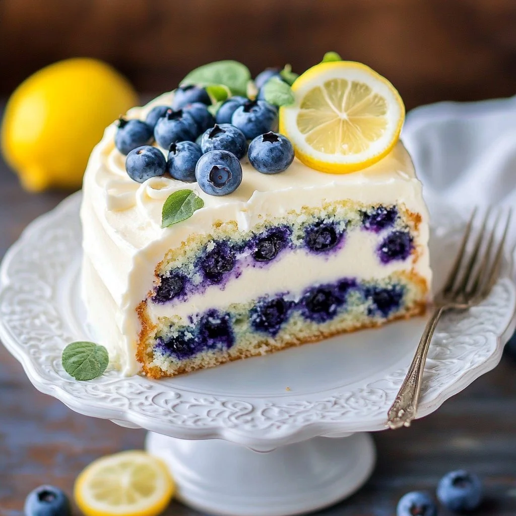 Lemon-Blueberry Cake topped with fresh blueberries and lemon zest