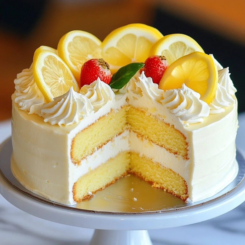 Delicious slice of lemon cheesecake cake with fresh lemon slices on top.