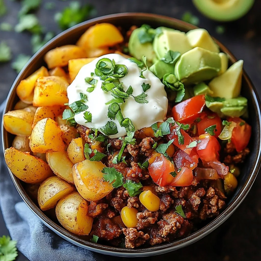 Delicious loaded potato taco bowl topped with fresh ingredients and sauces
