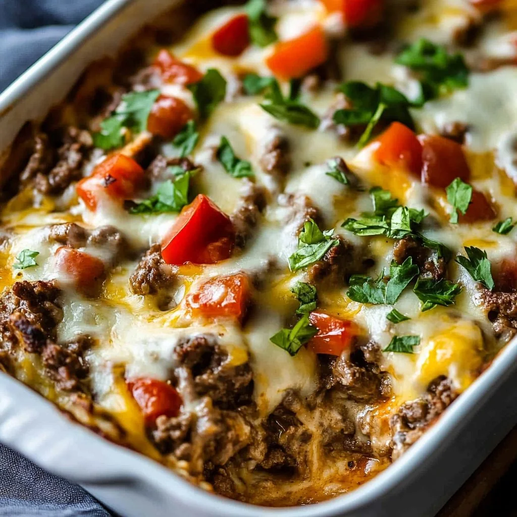 Low carb Philly cheesesteak casserole topped with melted cheese and veggies