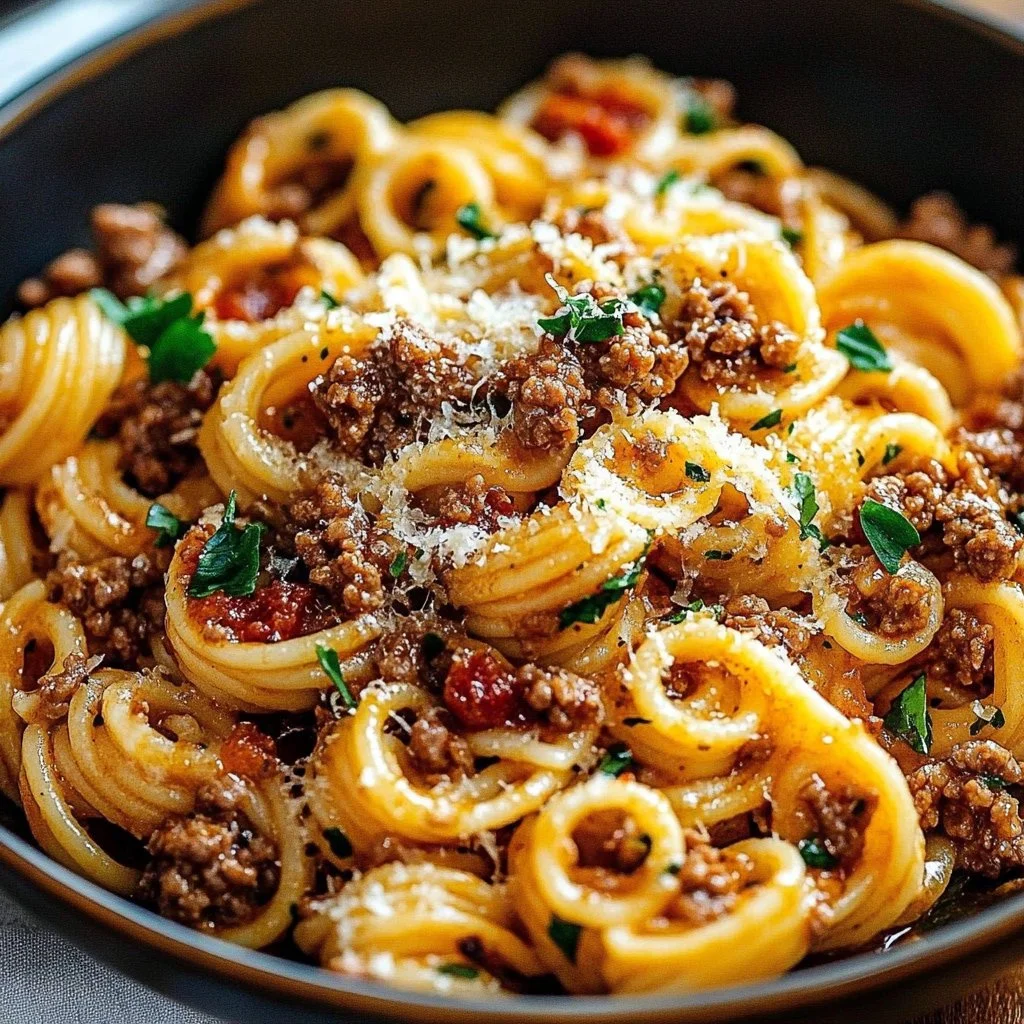 Delicious Marry Me Ground Beef Pasta served in a bowl with herbs on top.