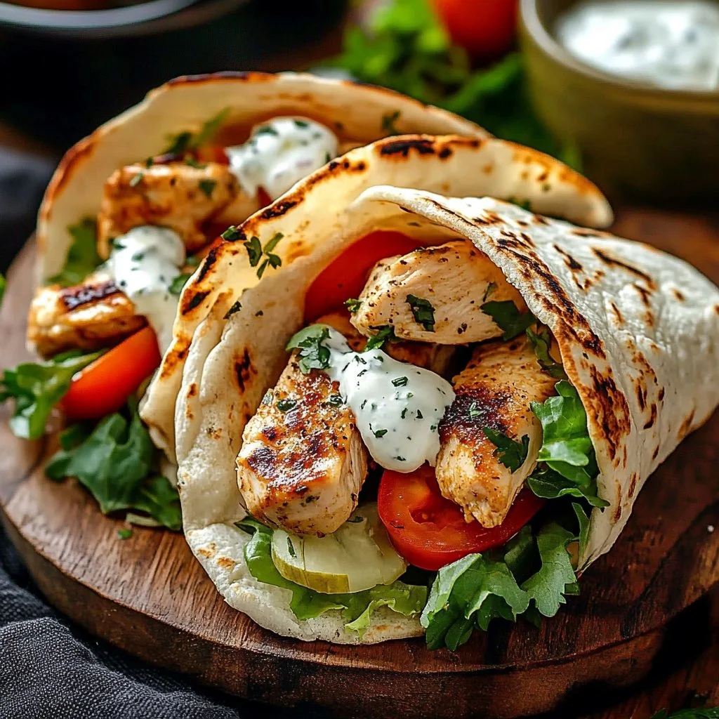 Delicious Mediterranean chicken gyros served with fresh vegetables and sauce
