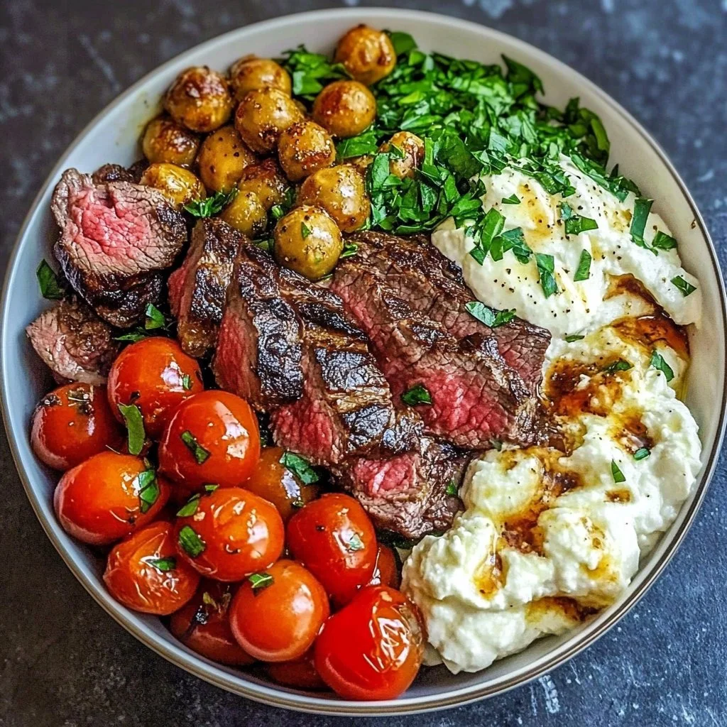 Delicious Mediterranean steak bowl topped with fresh vegetables and herbs