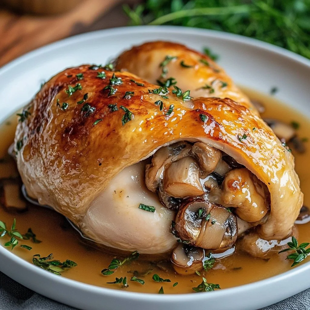 Mushroom Stuffed Chicken Breast served on a plate with fresh herbs