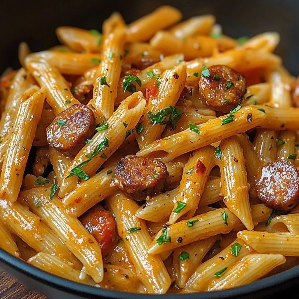 Creamy Spicy Cajun Sausage Pasta in a bowl garnished with herbs