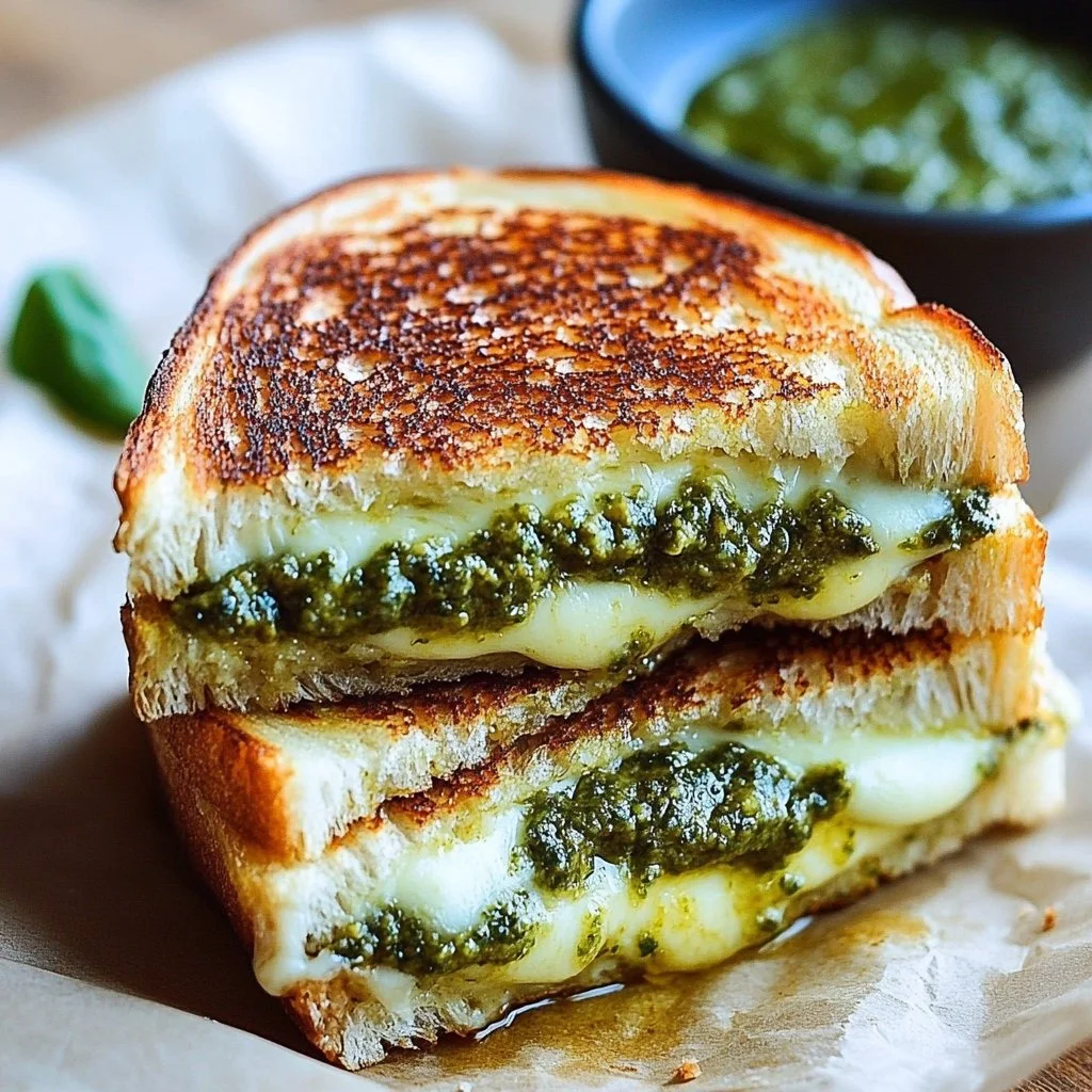 A delicious pesto grilled cheese sandwich with melted cheese and fresh basil.