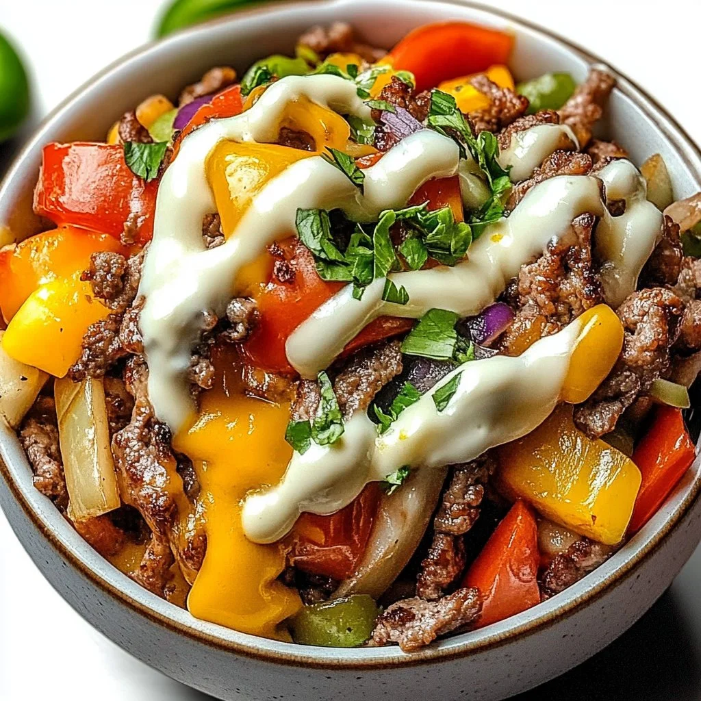 Philly Cheesesteak Bowl with beef, cheese, and fresh veggies