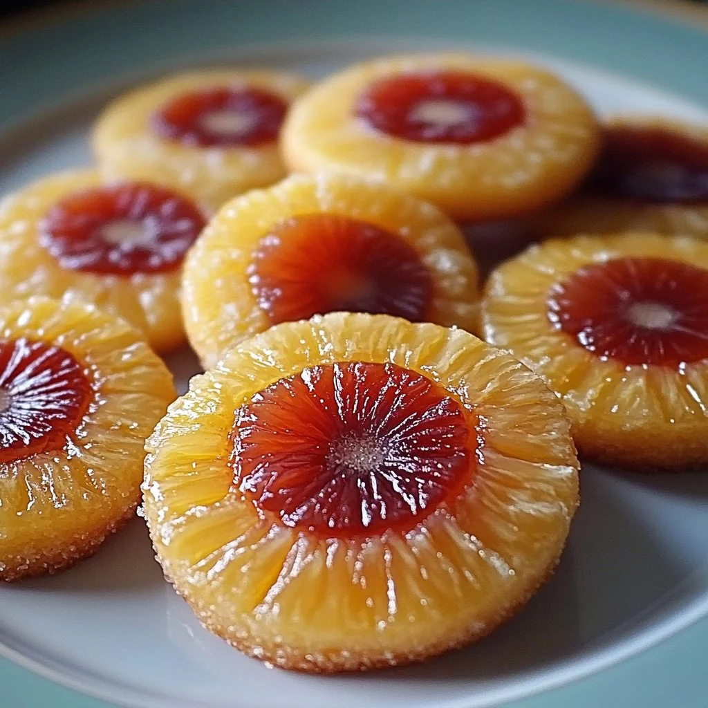 Pineapple Upside Down Cookies decorated with cherries and pineapple slices