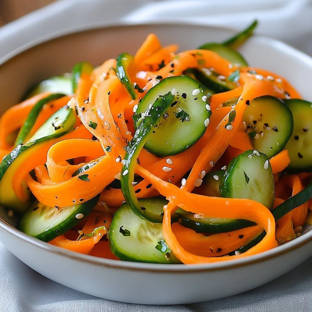 Ribbon carrot-cucumber salad with fresh vegetables