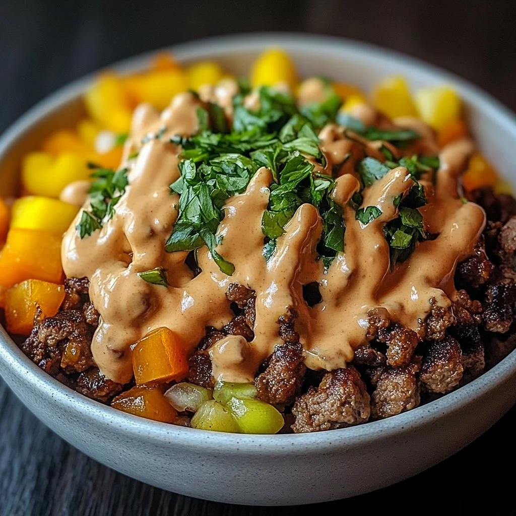Savory smash burger bowl with fresh ingredients and grilled patties