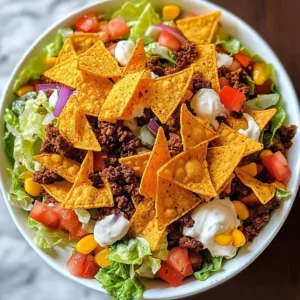 Simple Doritos Taco Salad with colorful toppings and crispy tortilla chips