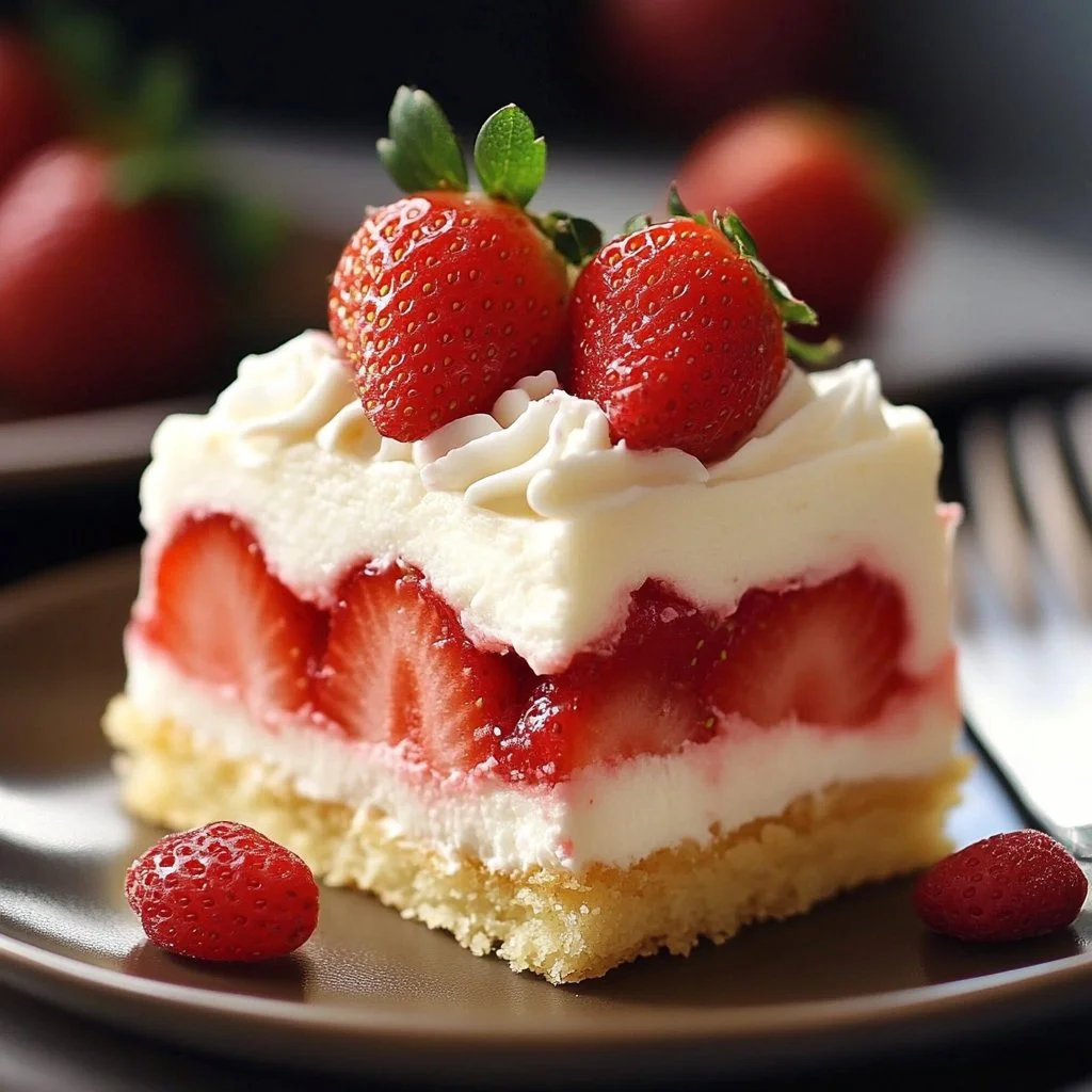 Delicious slab strawberry shortcake topped with fresh strawberries and whipped cream.