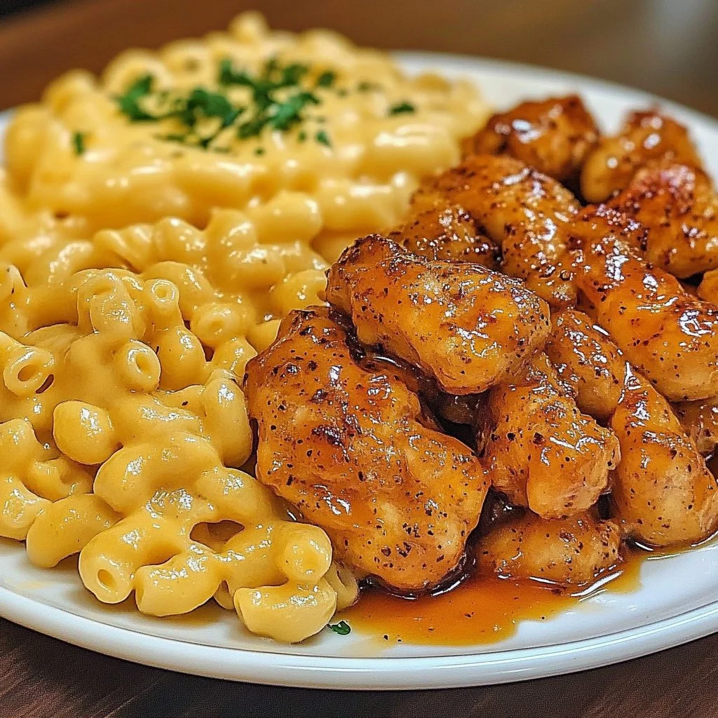 Spicy honey chicken served with creamy mac and cheese on a plate
