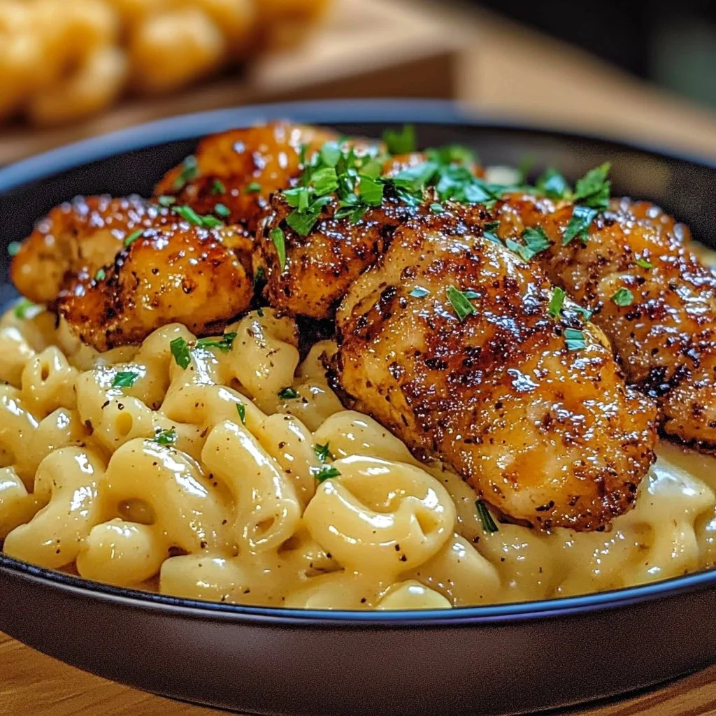 Spicy Honey Pepper Chicken with Creamy Mac and Cheese