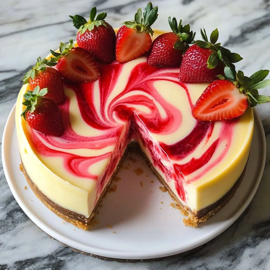 A slice of creamy strawberry swirl cheesecake topped with fresh strawberries.