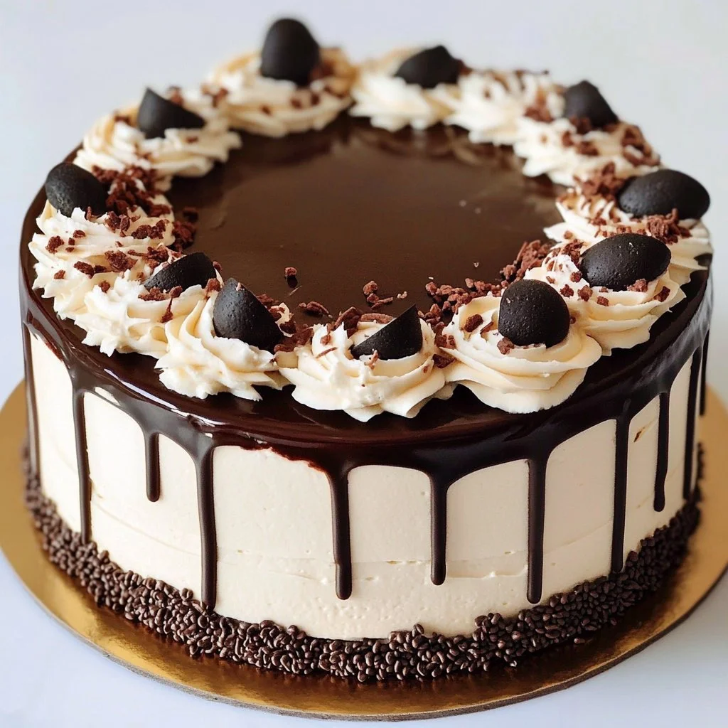 Deliciously layered Tuxedo Cake with chocolate and vanilla frosting