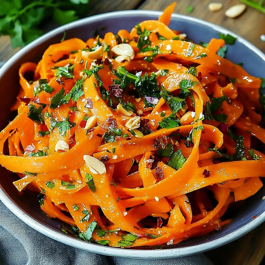 Viral carrot ribbon salad served in a bowl with fresh greens and dressing